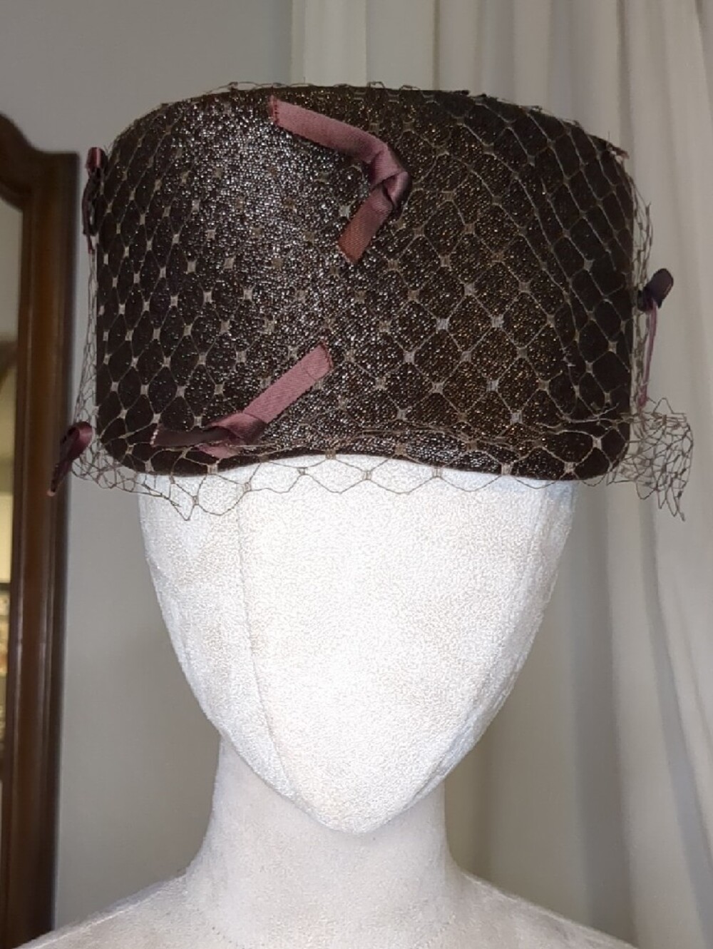 Vintage 50s Joseph Magnin Pillbox Hat Brown Netted W/ Bows